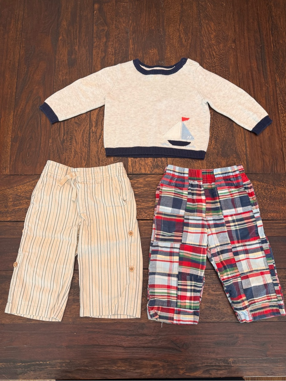 Janie and Jack Sailboat Sweater with Navy Trim - Bundle of coordinating bottoms